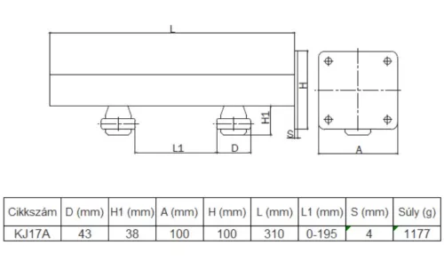 Talpas megvezető konzol, 2db állítható görgővel , talp: 100x100, hossz: 304mm kapuvasalat