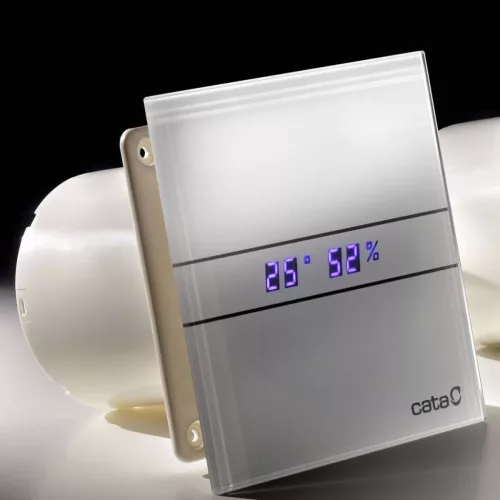 Cata E-100GTH ventilátor üveg előlappal, utószellőztető, alapszellőztető és páraérzékelő funkcióval, fehér