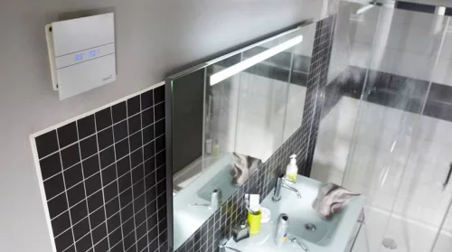 Cata E-100GTH ventilátor üveg előlappal, utószellőztető, alapszellőztető és páraérzékelő funkcióval, fehér