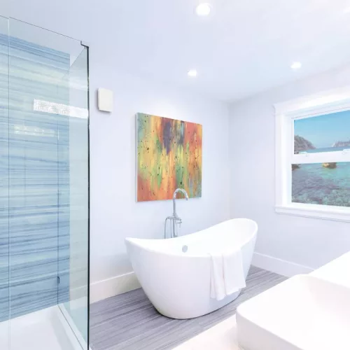 Cata E-120GTH ventilátor üveg előlappal, utószellőztető, alapszellőztető és páraérzékelő funkcióval, fehér