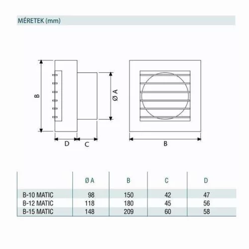 Cata B-10 Matic Timer ventilátor automata előlapzárással, utószellőztető funkcióval