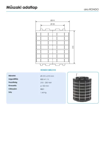 AIRA - Plazma szűrő páraelszívókhoz RONDO 800/210 R