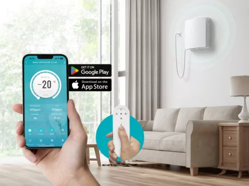 HOLTOP/AIRWOODS AV-TTW5-W egyhelyiséges hővisszanyerős szellőztető automata zsaluval, WiFi csatlakozással, páraérzékelő szenzorral, pollenszűrővel