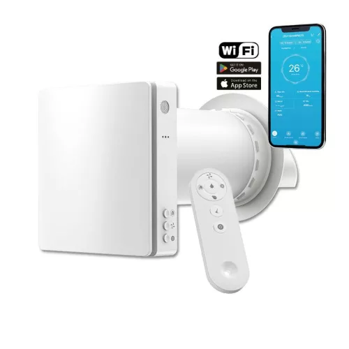 HOLTOP/AIRWOODS AV-TTW5-W egyhelyiséges hővisszanyerős szellőztető automata zsaluval, WiFi csatlakozással, páraérzékelő szenzorral, pollenszűrővel